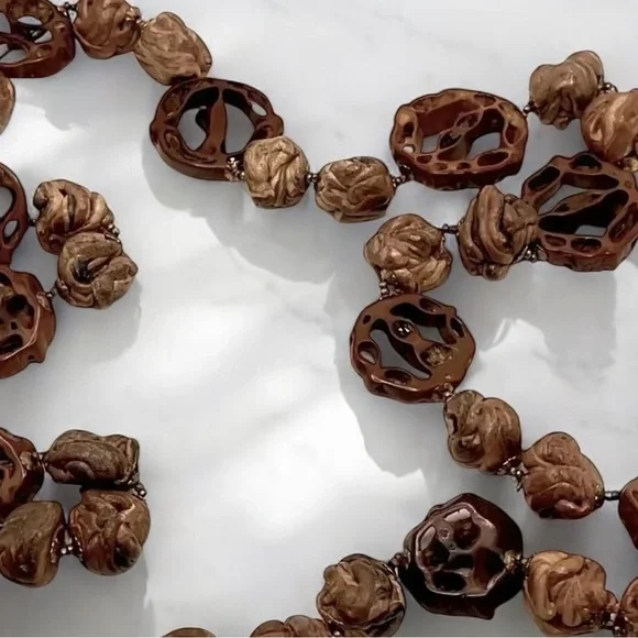 Vintage Miriam Haskell Organic Clay + Shell Walnut Nut Bead Necklace - Picture 2 of 6